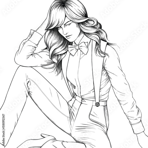 Stylish woman in suit and bow tie with flowing hair illustration poses with elegance and sophistication, ideal for fashion or design projects.