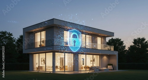 Smart Home Security:  Modern House with Digital Shield Protection