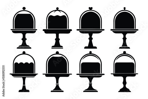 Collection of black silhouette icons representing various cakes and desserts displayed on elegant cake stands with glass domes