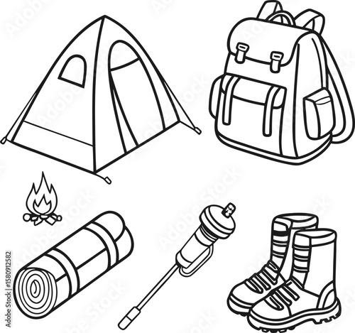 Line art drawing showcasing essential camping gear, from a tent to hiking boots and a campfire, perfect for adventure.