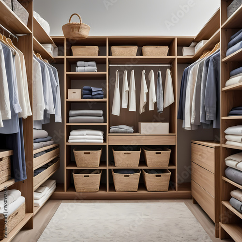 Organized closet with woven baskets and neatly folded clothes, showcasing efficient storage solutions 