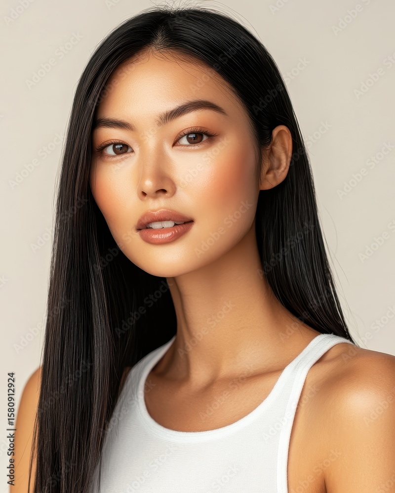 Fototapeta premium Asian woman with straight black hair, glowing skin, minimal makeup, neutral background with space on right for text