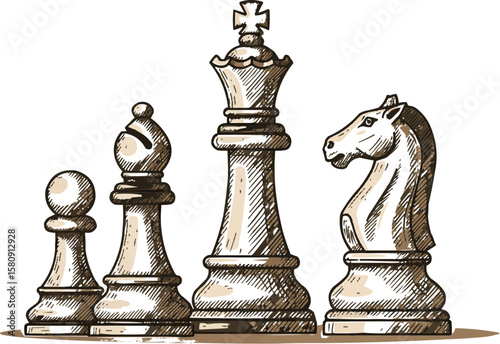 Chess Pieces Illustration on Black Background. King, Knight, Bishop and Pawn