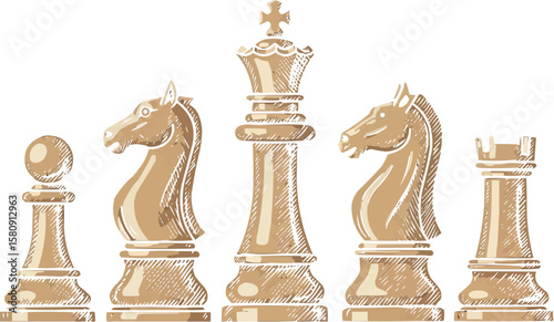 Elegant Chess Pieces Line Art on Black Background Strategy Concept