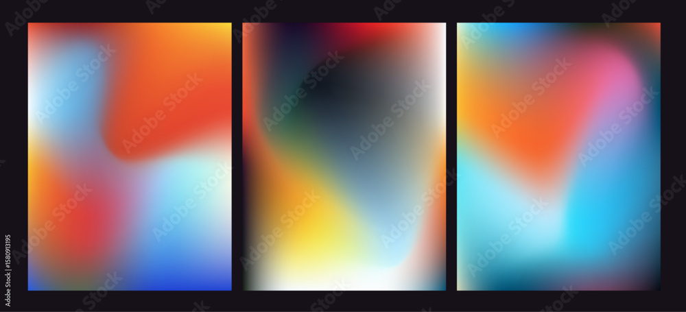 Fototapeta premium Vector illustration showcases a triptych of minimalist abstract designs with smooth, blended gradients. The style is modern and ethereal, with a vibrant theme. Colors include red, orange, blue.