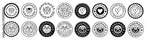 Set Of Hand-Made Seal Signs. Made with Love Stickers. Handmade Stamp Badges Vector Design. Handcraft Emblem.