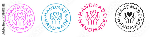 Set Of Hand-Made Seal Signs. Made with Love Stickers. Handmade Stamp Badges Vector Design. Handcraft Emblem.