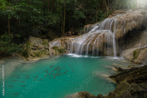 Landscape view of Erawan waterfall kanchanaburi thailand.Erawan National Park is home to one of the most popular falls in the thailand.