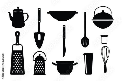 Culinary Arsenal: A monochromatic display of essential kitchen tools, presented with precision and simplicity. Featuring detailed silhouettes.