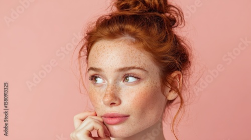 European woman with freckles and red hair bun, natural makeup, pastel pink background, right-side space