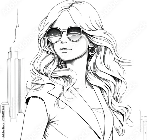 Elegant woman with sunglasses gazes at the skyline, a sophisticated sketch showcasing urban style and feminine grace.