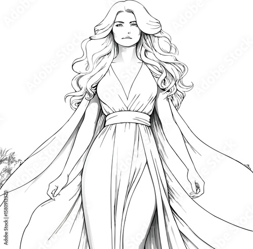 Elegant woman in a flowing gown gracefully walks forward, her long hair cascading down, creating a captivating monochrome drawing.