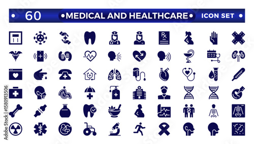 Medical and Healthcare web icons in solid style. Medicine, check up, doctor, dentistry, pharmacy, lab, scientific discovery, collection.