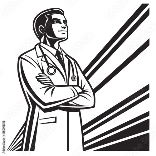 Contemplative medic stands with crossed arms amidst radiant stripes, displayed with transparent backdrop