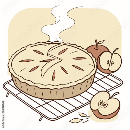 Illustration of a freshly baked apple pie on a cooling rack