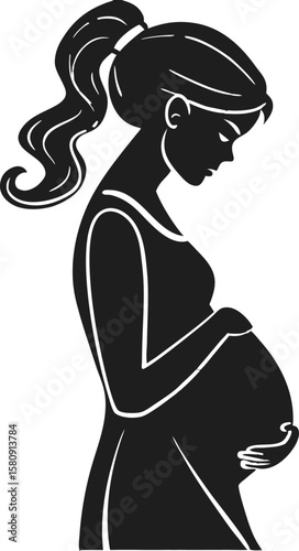 Graphic silhouette art portrays a pregnant woman tenderly holding her baby bump with grace and maternal love in black and white.