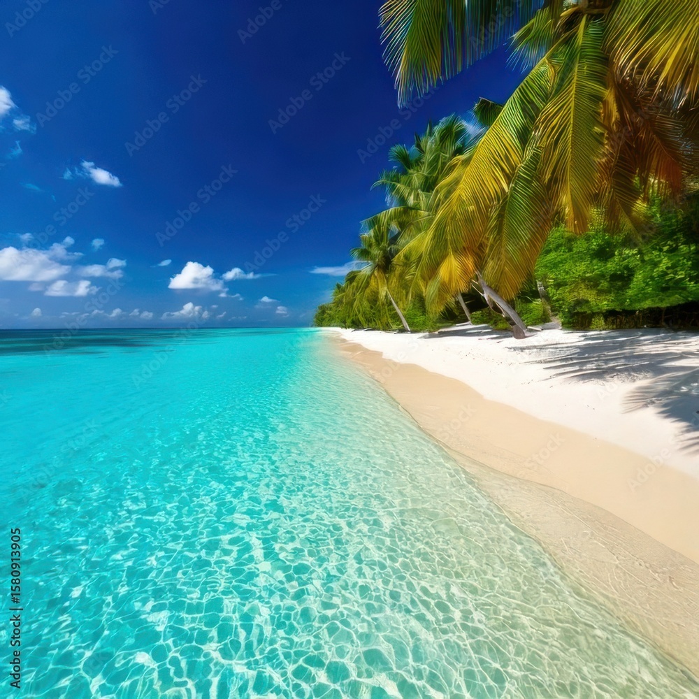 Fototapeta premium A pristine tropical beach with clear turquoise water, white sand, and lush palm trees under a bright blue sky with scattered clouds.