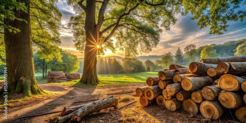 Serene Sunset Illuminates Majestic Trees and Stacked Logs in a Peaceful Woodland Clearing