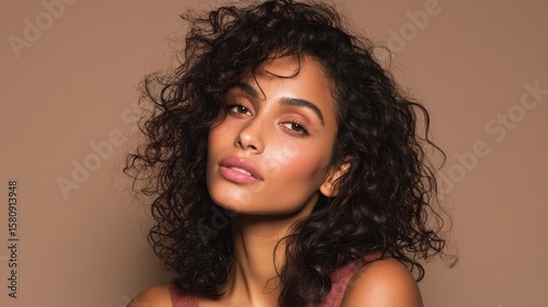 Mixed race woman, minimal glam look, clean headshot with open frame and text space