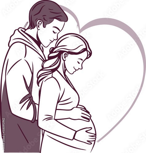 Expectant couple embraces in anticipation, surrounded by a heart, symbolizing love and family in a minimalist vector design.