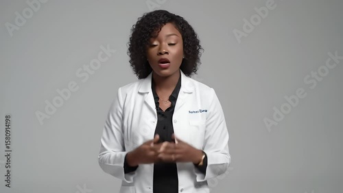 Confident Female Doctor In White Coat Against A Neutral Background Studio With Natural Light And Dark Hair Style