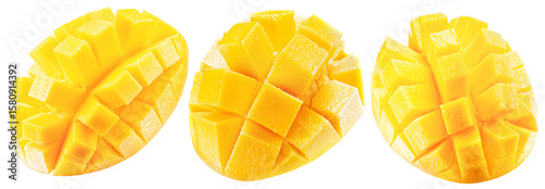 collection of mango cube slices isolated on white background