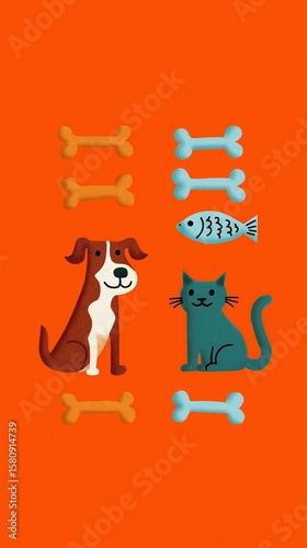 Colorful illustration of dog and cat with treats on orange background