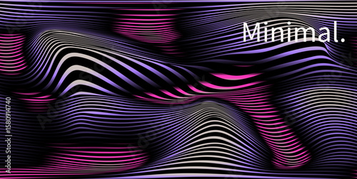 Vector illustration features a minimalist abstract design with wavy, flowing lines creating a 3D effect. The style is modern and geometric, with a futuristic theme. Black, purple, pink curved shapes.