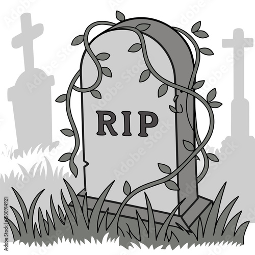 Illustration of a tombstone with rip inscription and vines in a graveyard with grass and crosses