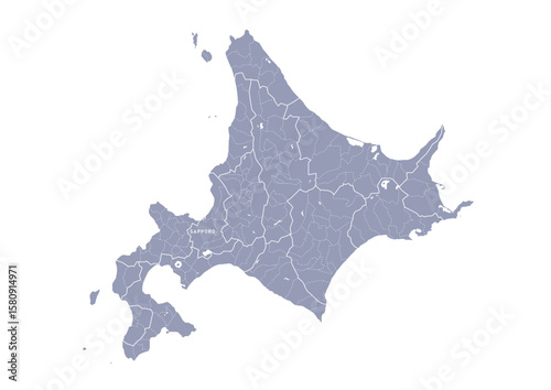 グレー色の日本地図, 北海道の行政区分付き地図, Gray map of Japan, Hokkaido