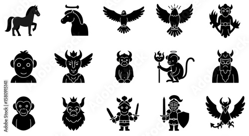 Mythological Creatures and Animals A Collection of Black and White Icons