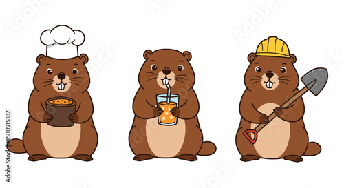 Adorable Groundhog Illustrations Chef, Drinker, and Worker