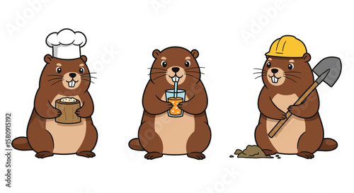 Adorable Cartoon Groundhog Illustrations Chef, Drinker, and Construction Worker