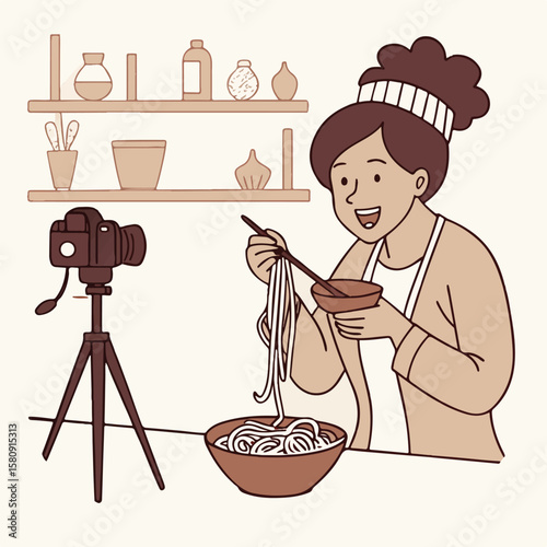 Illustration of a female content creator designing digital art while filming for her online channel in a cozy indoor studio.