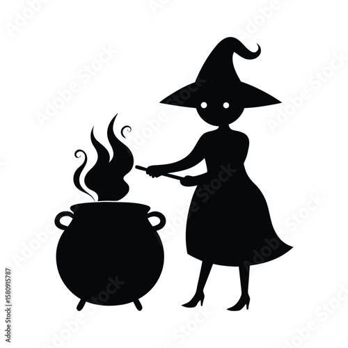 A witch stirring a bubbling cauldron Halloween silhouette Vector illustration