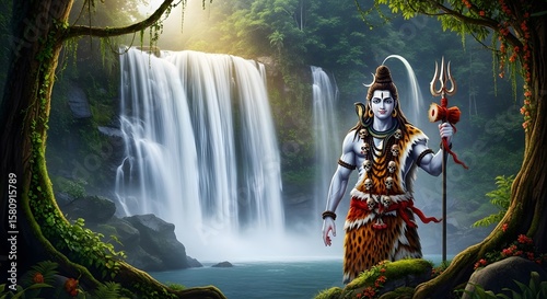 Majestic Shiva stands before a cascading waterfall, his trident held high, a serene yet powerful presence amidst lush jungle foliage.