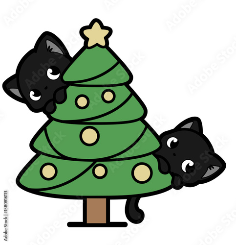 cute black kitten on a christmas tree