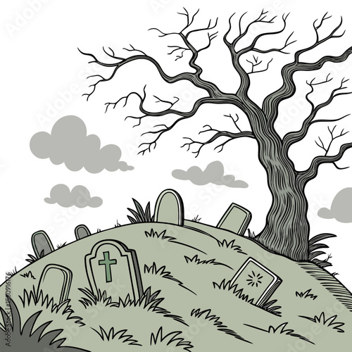 A spooky graveyard scene with tombstones on a hill under a bare tree and cloudy sky in grayscale tones
