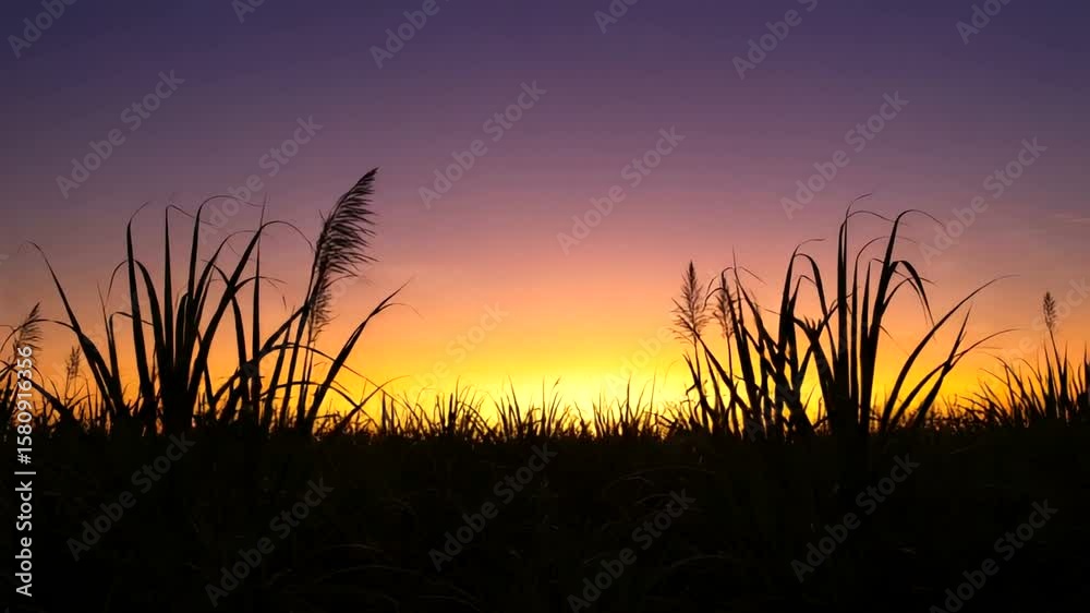 Sugarcane field at sunset silhouette Sugarcane field at sunset silhouette