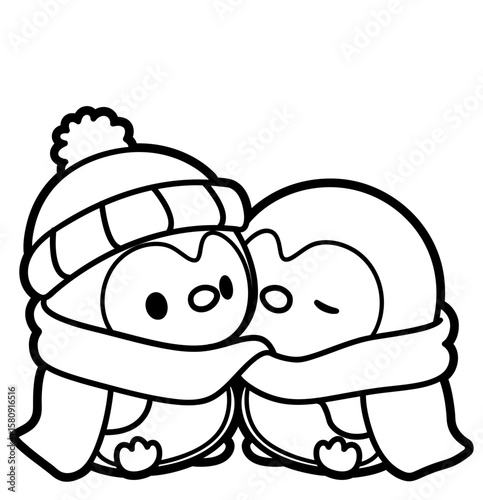 Two penguins hugging each other in a cozy winter moment. Cute outline illustration perfect for cards and coloring pages.