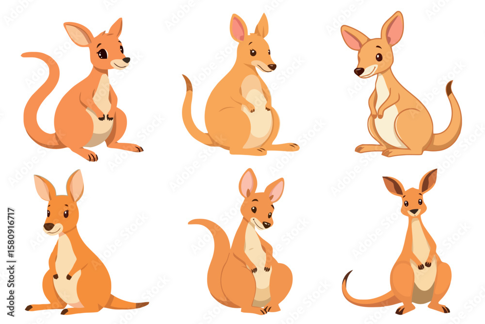 Fototapeta premium Cute Cartoon Kangaroos Vector Illustration Set. Adorable Australian Wildlife Animal Character Graphics Collection for Kids, Education, Zoo, and Mascot Design.