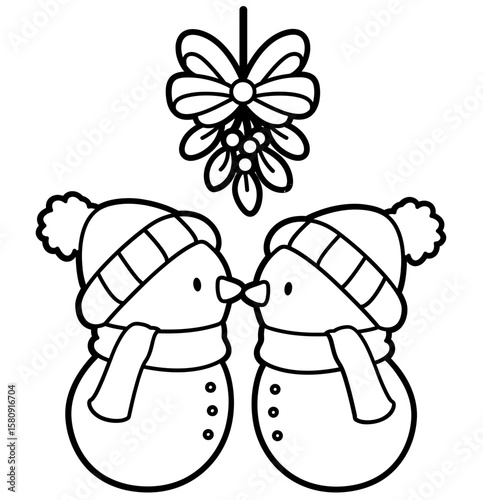 simple christmas snowmen kissing under mistletoe - layered cut file - winter clip art