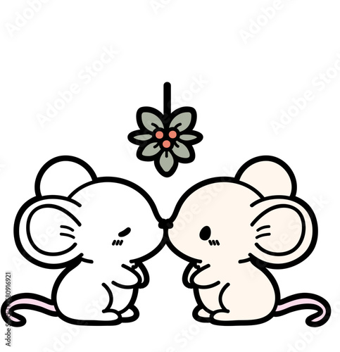Kawaii Mice Under Mistletoe — Cute Holiday Line Art Coloring Page Illustration