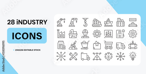 Twenty-eight Editable Industry Icons:  Modern Line Art Style, Clean Minimalist Design, Perfect for Web and App Development.
