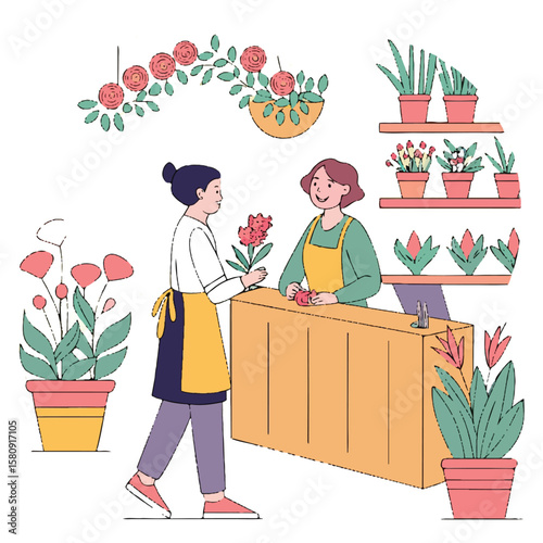 Illustration of friendly shopkeepers helping customers in a well-organized vegetable and fruit market with fresh produce.