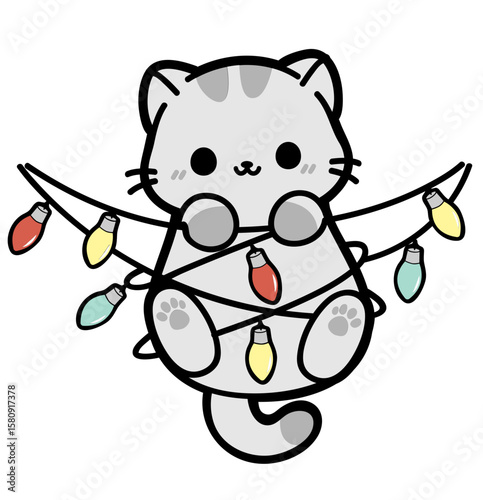 cute christmas cat tangled in lights
