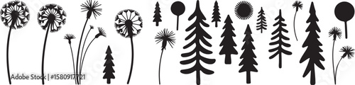 Diverse nature silhouettes: Dandelions and evergreens