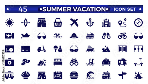 Summer vacations solid icon set. Vector solid illustrations with objects, activities, and places related to traveling, tourism, outdoors on the beach and mountains, camping, resorts, and hotels.
