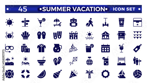 Summer vacations solid icon set. Vector solid illustrations with objects, activities, and places related to traveling, tourism, outdoors on the beach and mountains, camping, resorts, and hotels.
