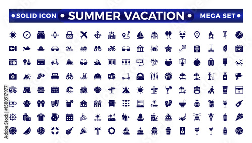 Summer vacations solid icon set. Vector solid illustrations with objects, activities, and places related to traveling, tourism, outdoors on the beach and mountains, camping, resorts, and hotels.
